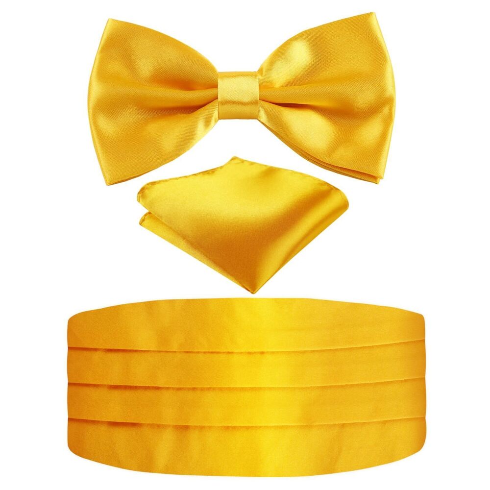 7128 Multicolored Silk Solid Cummerbund Gift Bow Tie Set, Gold Yellow
